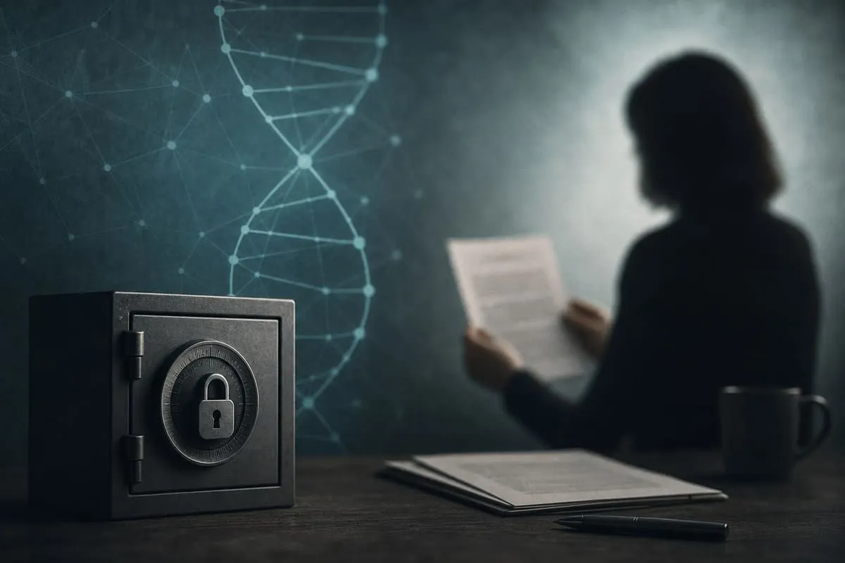 Illustration of consumer genetic privacy, locked vault, and settlement review after a DNA testing company breach
