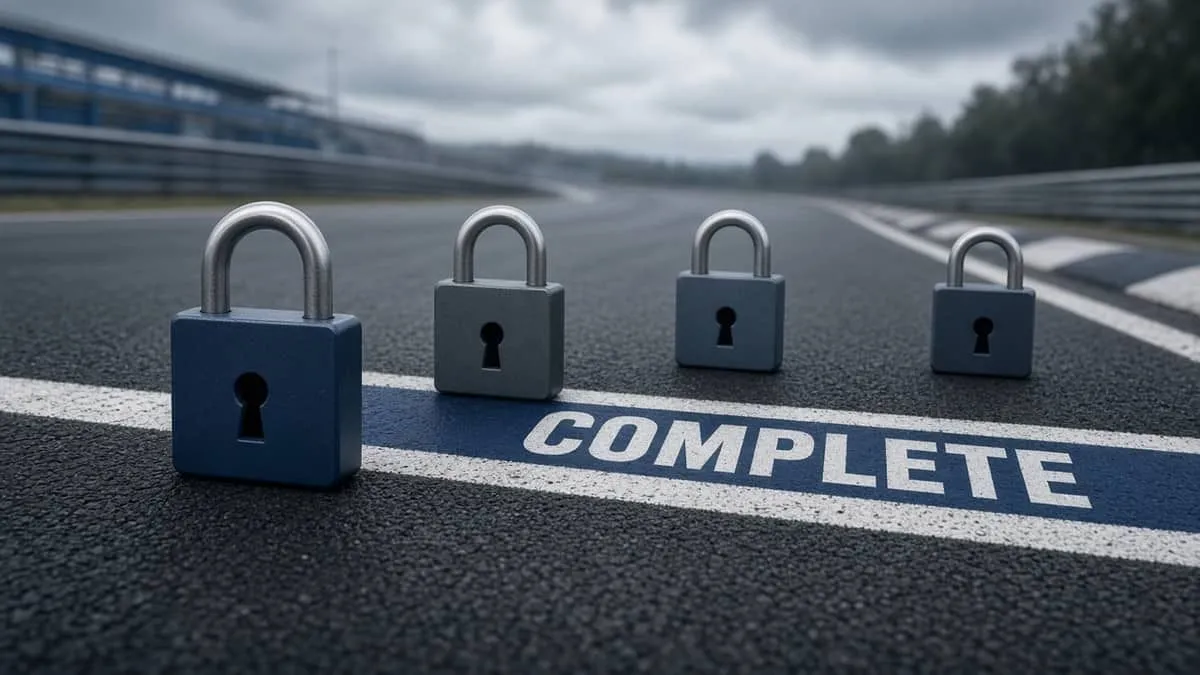 Four padlocks stop short of a complete finish line, illustrating domain audits that miss the ideal score