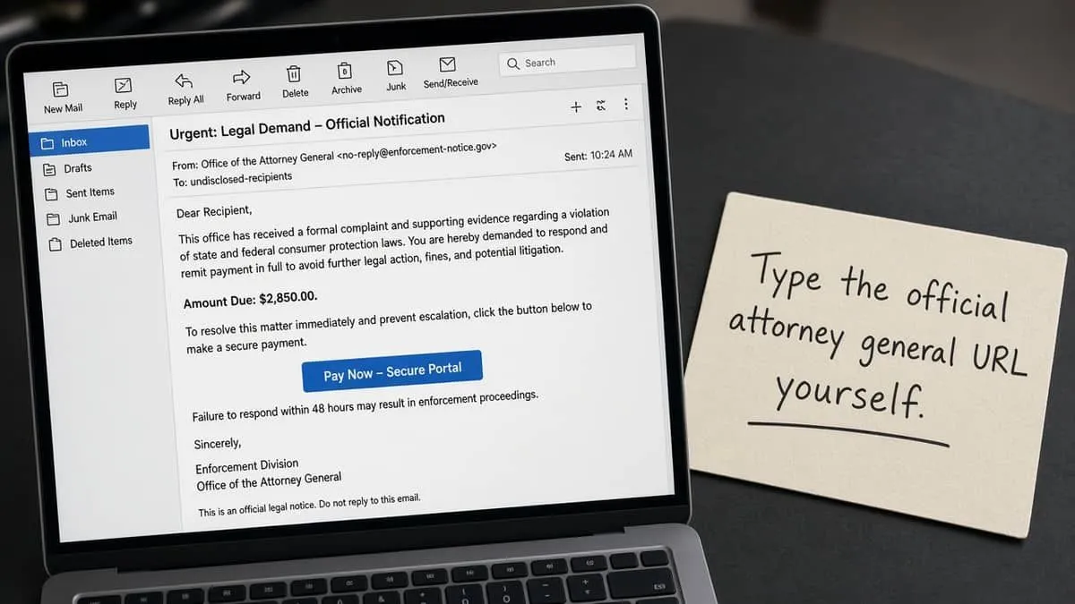 Laptop showing a generic pay-now legal-demand email beside a handwritten card to type the official attorney general URL