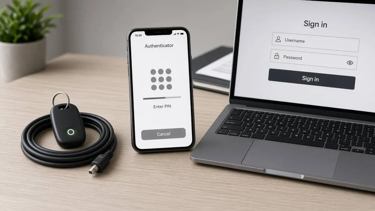 Hardware security key and phone authenticator beside a username-and-password login