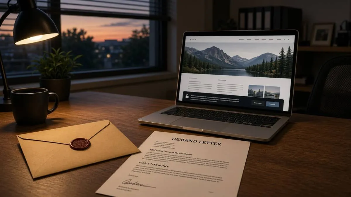 Desk with a sealed envelope, a printed demand letter, and a laptop showing a generic website cookie banner