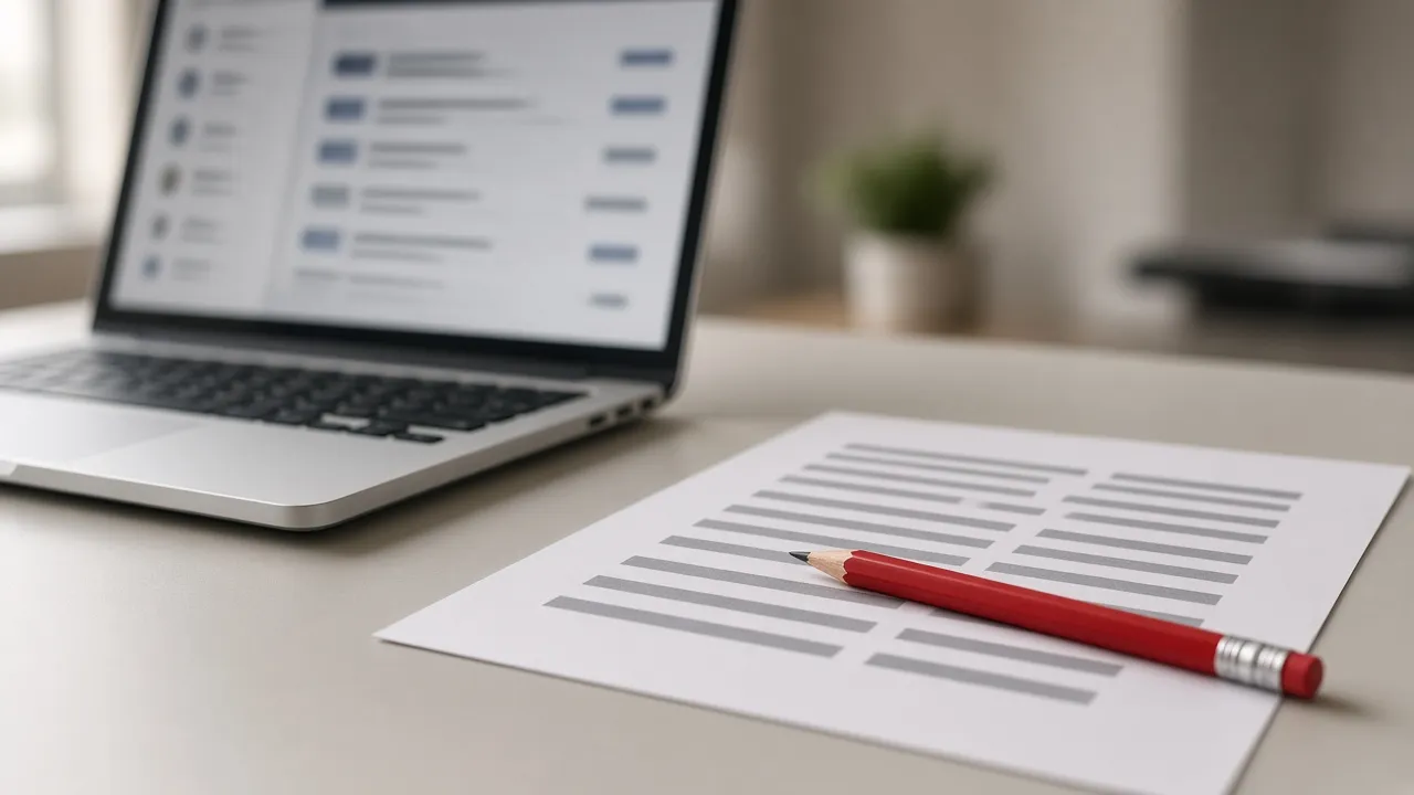 Laptop with a blurred inbox beside a page of gray bars and a red pencil