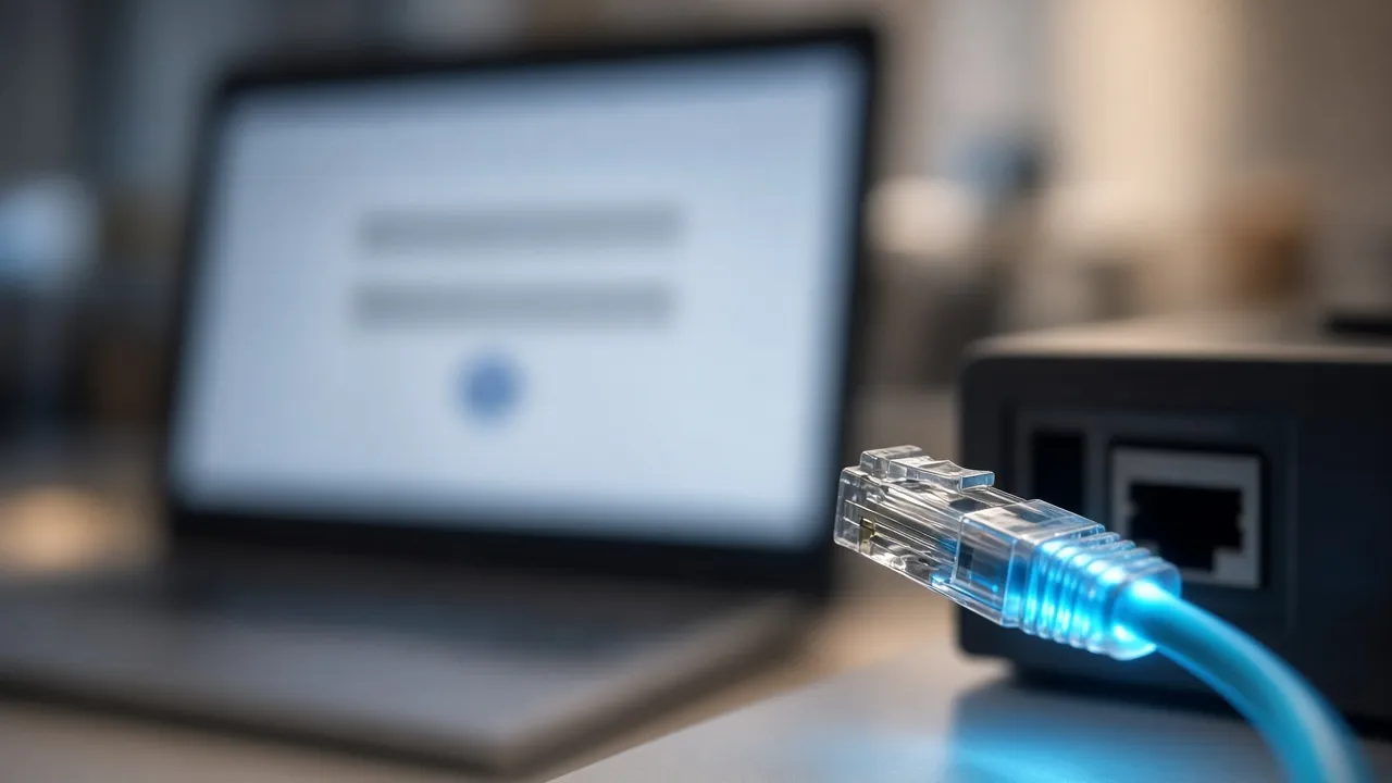 Ethernet cable in front of a blurred login screen