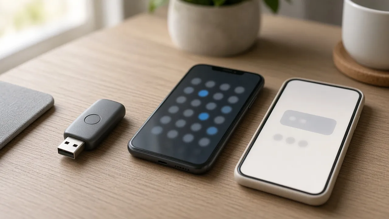 Hardware security key beside an authenticator phone and a phone with a message bubble