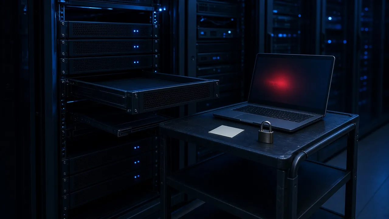 Server room with a pulled-out rack drawer, a laptop showing a red glow, a blank note, and a padlock