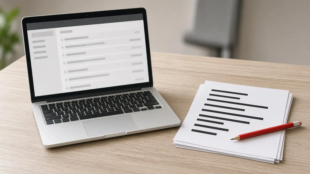 Laptop with gray inbox bars beside a redacted stack and a red pencil
