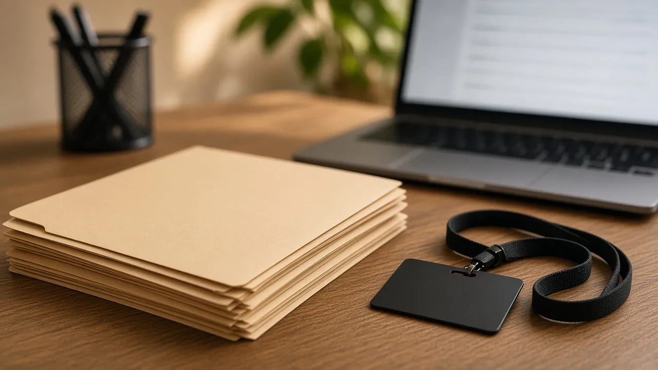Blank folders, a badge, and a blurred laptop