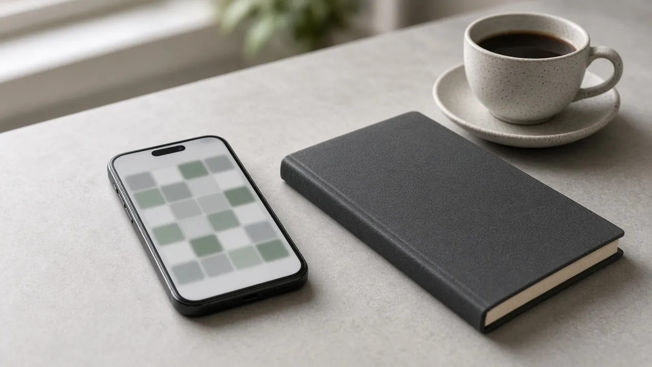 Phone with a blurred authenticator grid beside a closed notebook and coffee