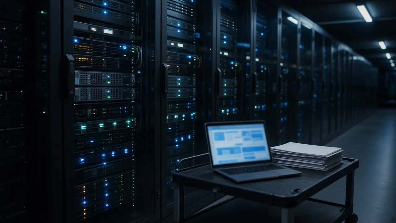 Data-center aisle with a laptop showing a blurred dashboard and a stack of blank folders