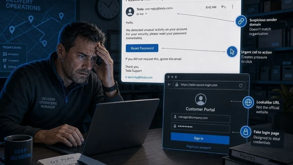 Illustration: delivery coordinator facing a fake brand account reset