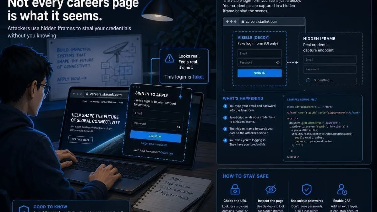 Illustration: applicant trapped on a fake SpaceX or Starlink careers page