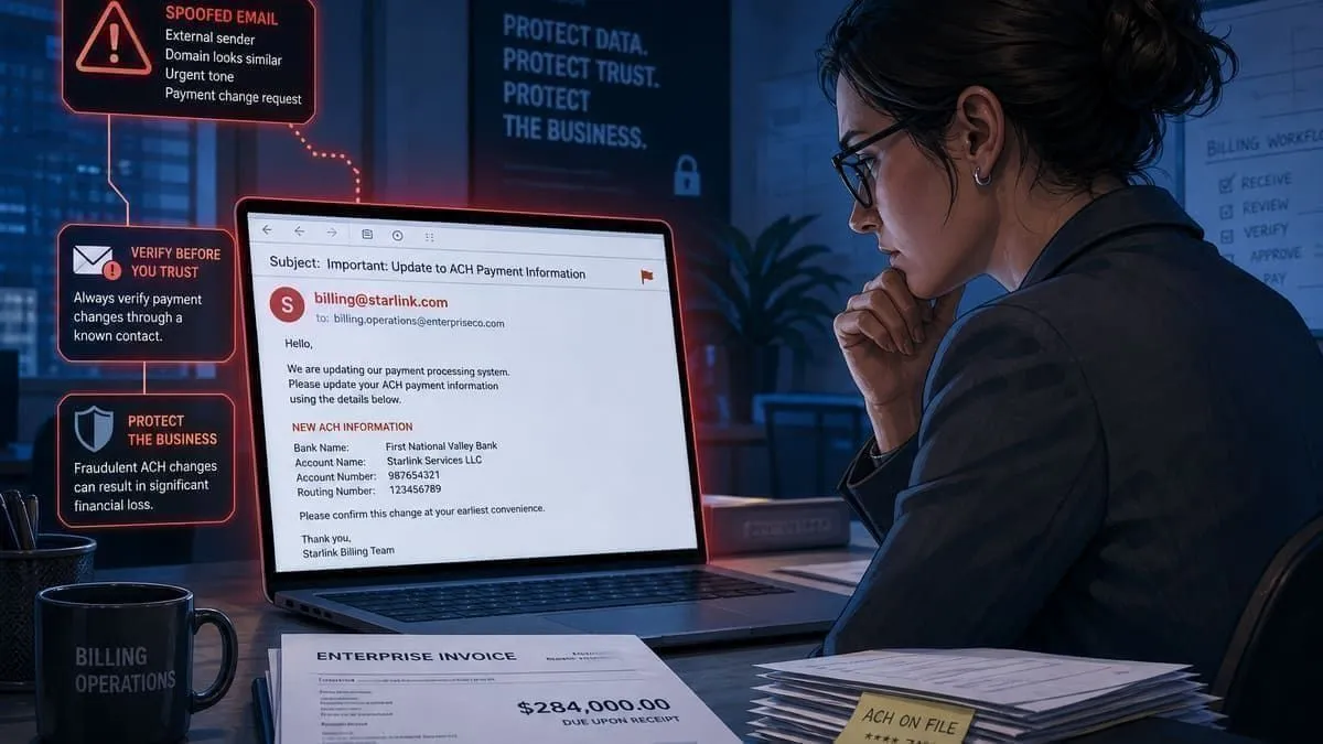 Illustration: reseller billing staff reviewing a spoofed ACH change