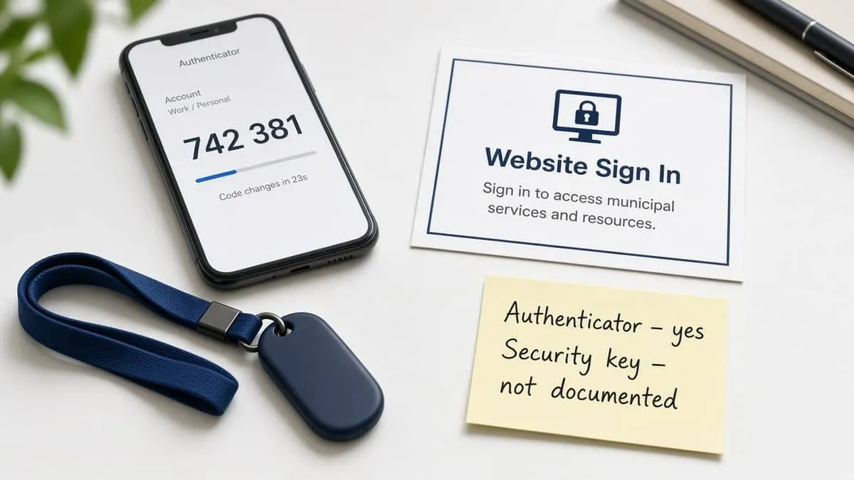 Hardware security key beside an authenticator phone and a Website Sign In reminder