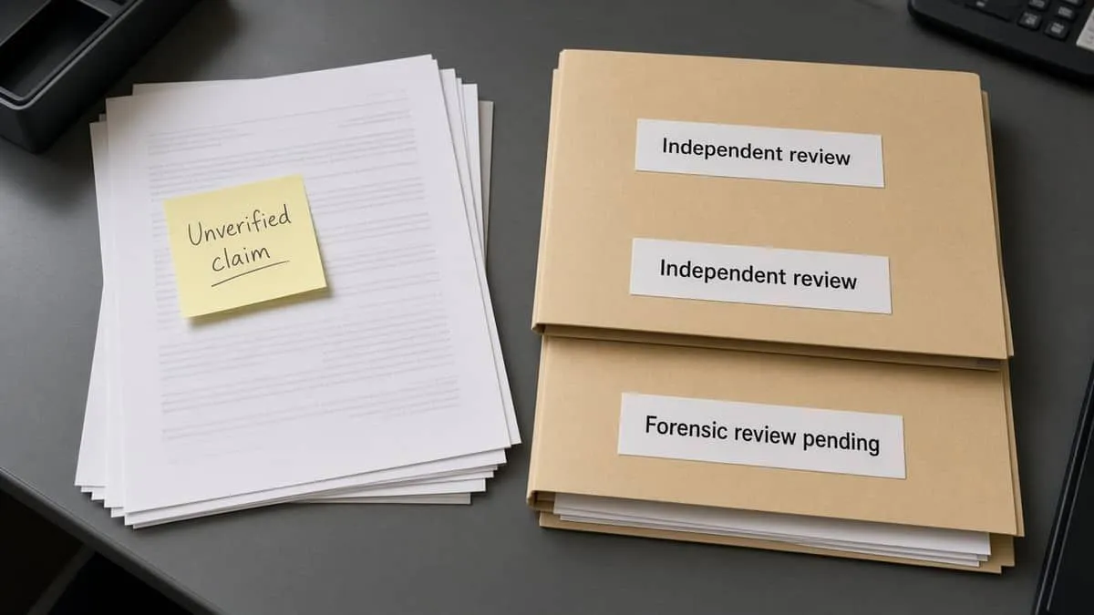 Unverified-claim printouts beside independent-review folders and a pending forensic-review folder