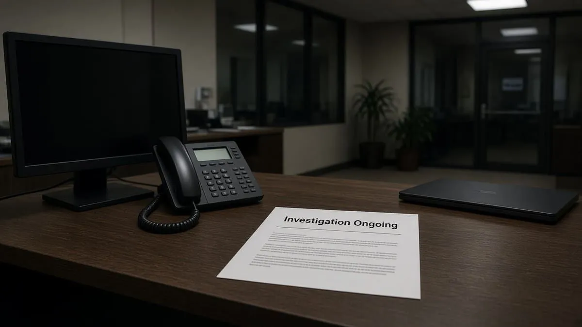 Municipal desk after hours with a darkened monitor and a printed Investigation Ongoing notice