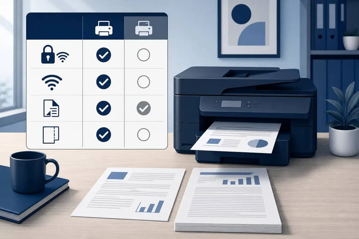 Illustration: checklist of printer features WPA3 5GHz duplex print scan legal paper