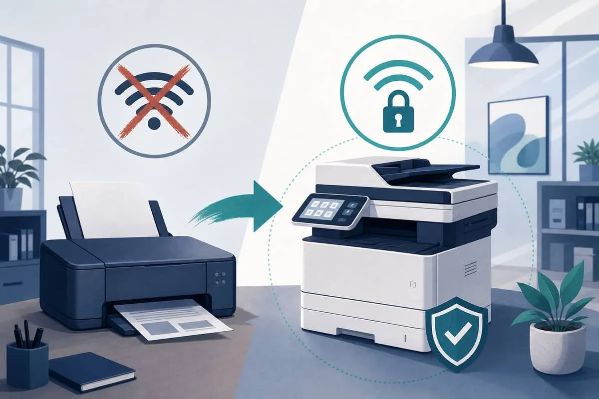 Illustration: replacing legacy 2.4GHz inkjet with secure WPA3 laser multifunction printer