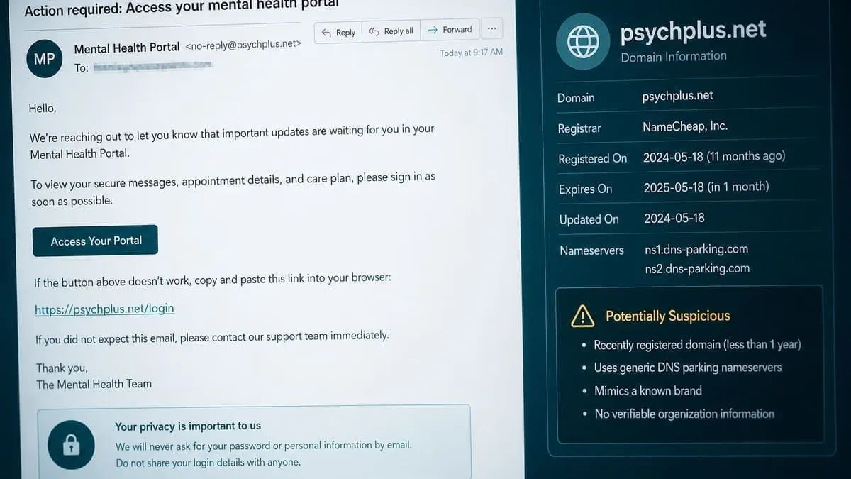 Spoofed PsychPlus portal phishing beside psychplus.net BEC-staging lookalike