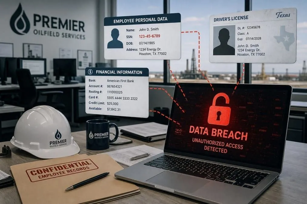 Illustration: employee SSN and driver's license data exposed in oilfield services breach