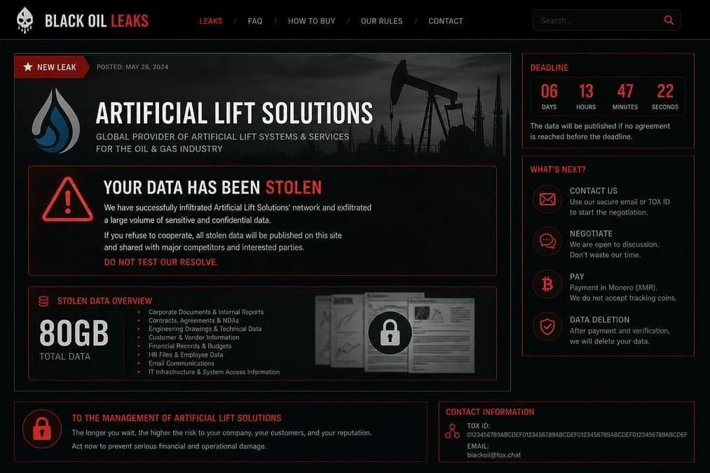 Illustration: Payload ransomware 80GB extortion threat against oilfield artificial lift company