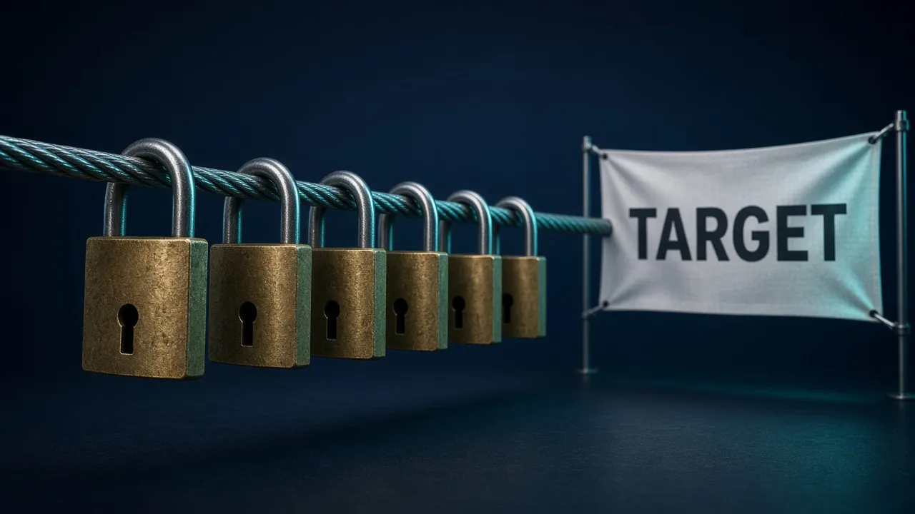 Padlocks stop short of a TARGET finish line, illustrating domain audits that miss the 100 percent ideal