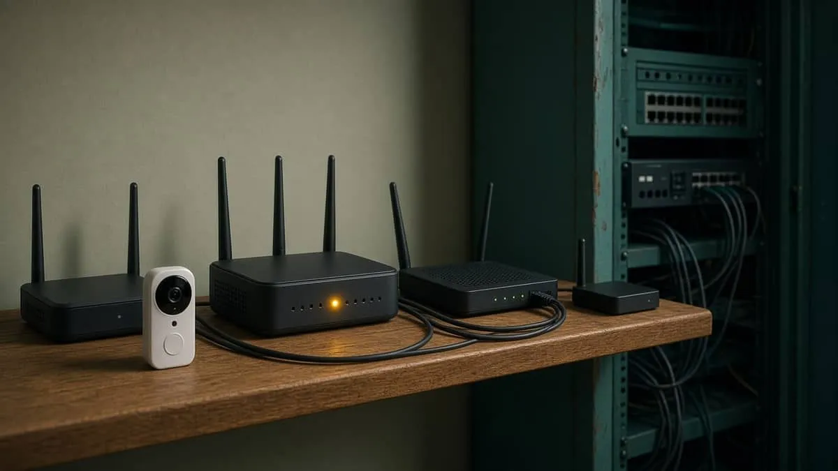 Home routers and a camera on a shelf with cables running toward a dark network closet