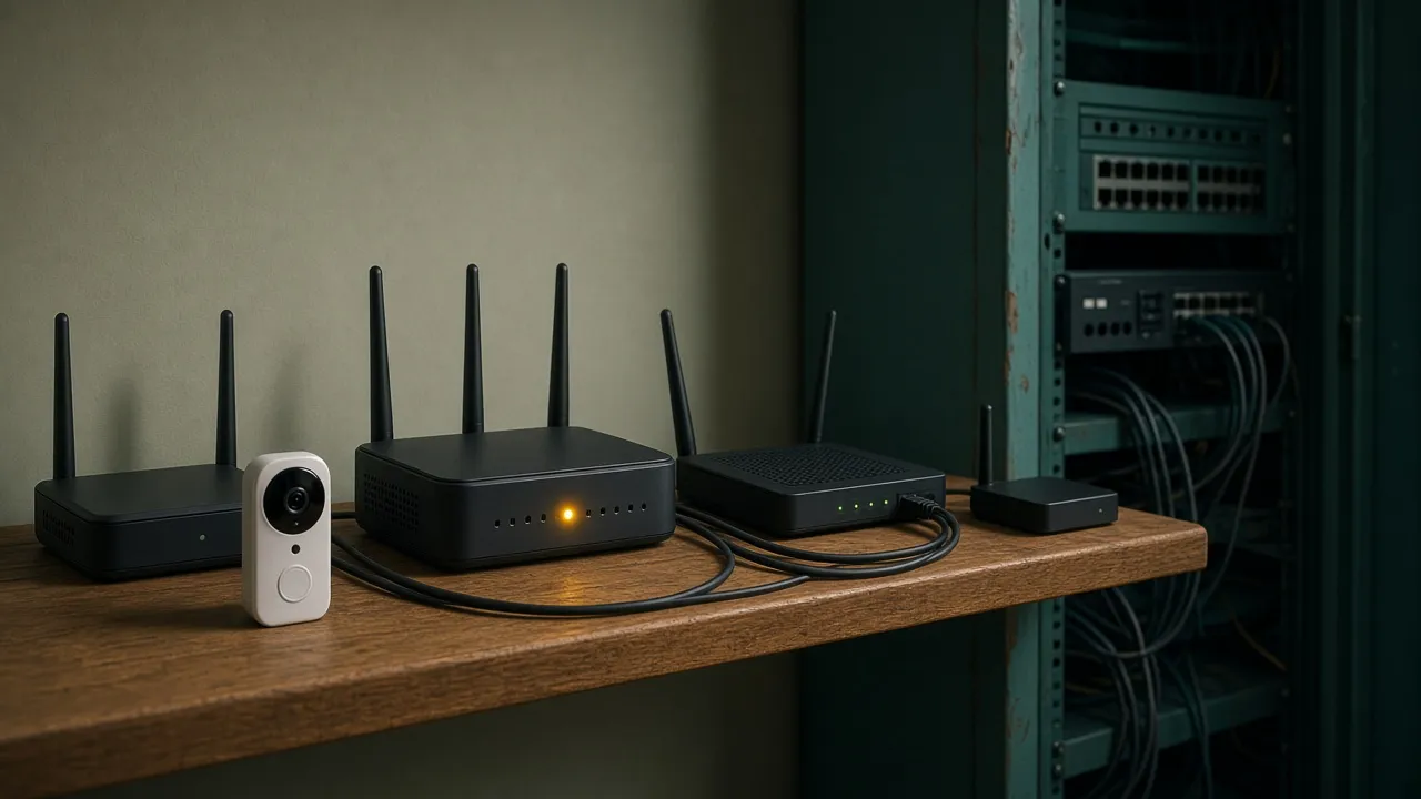 Home routers and a camera on a shelf with cables running toward a dark network closet