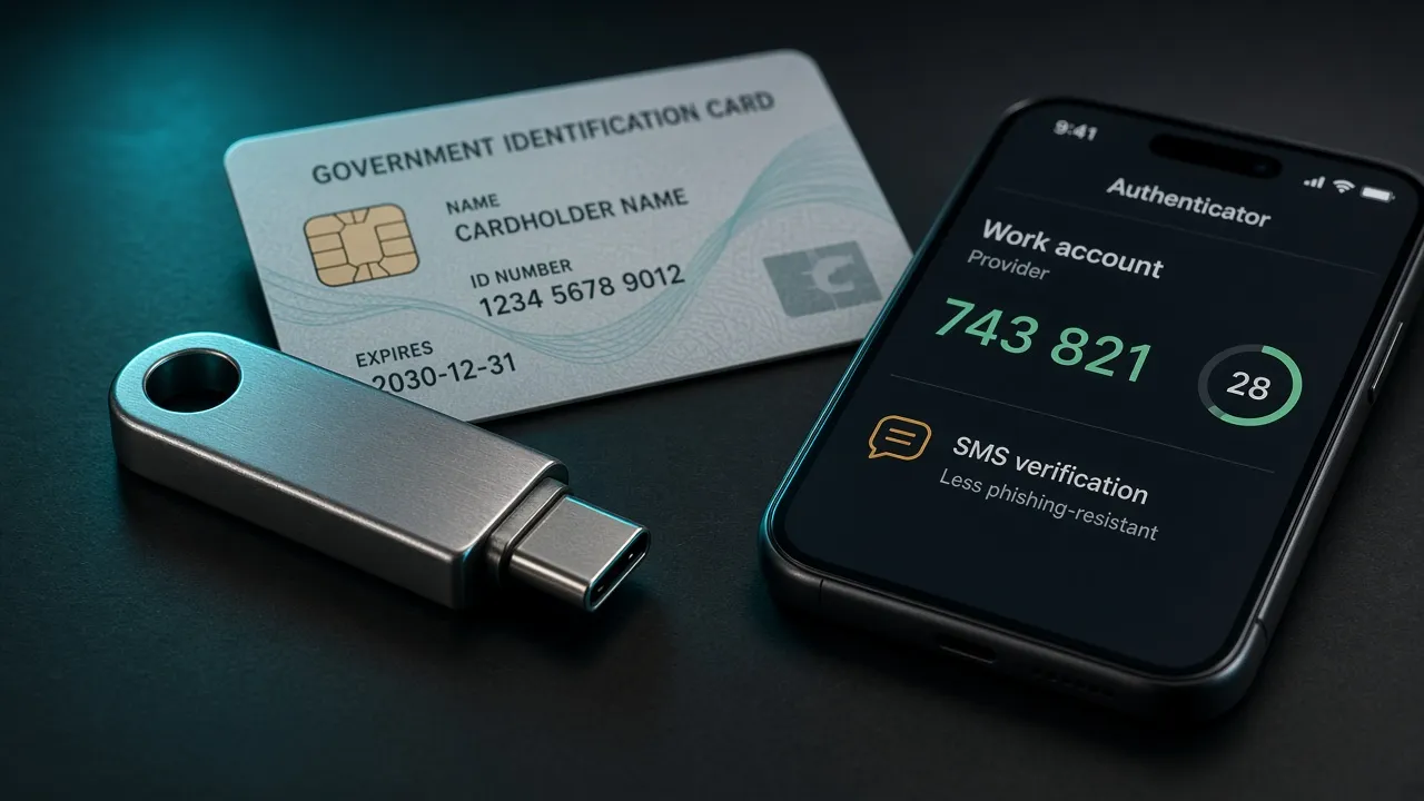Hardware security key and smart ID card beside a generic authenticator code screen