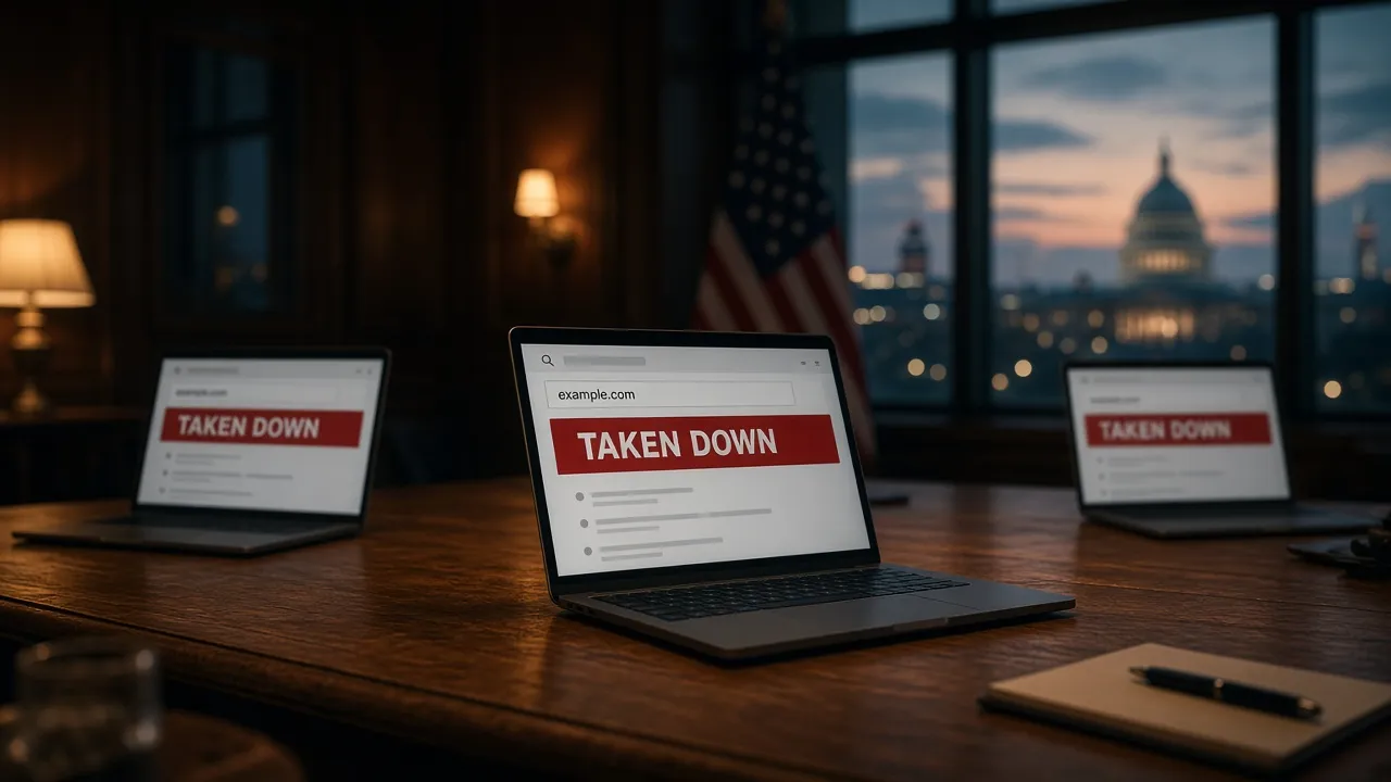 Operations-room laptops showing a generic domain marked taken down, with a muted U.S. flag in the background