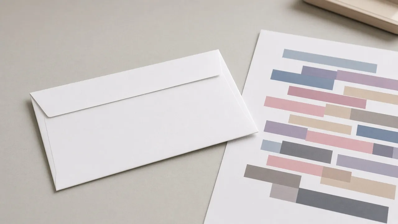 Unopened envelope beside a page of unlabeled color bars