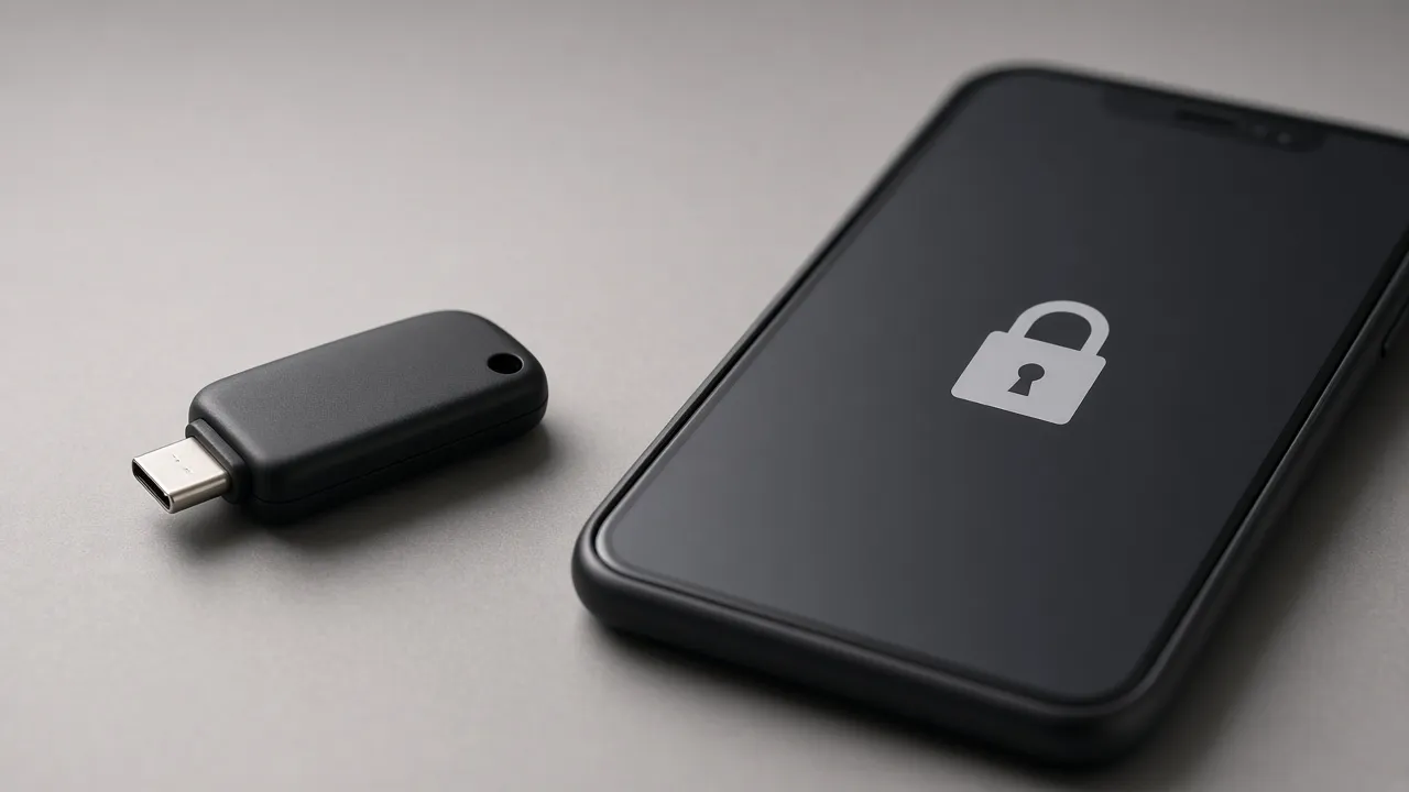 Hardware key beside a phone that shows only a lock icon