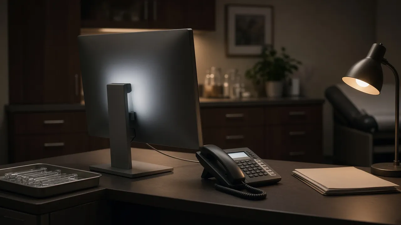 Physician office desk with a turned monitor and a desk phone