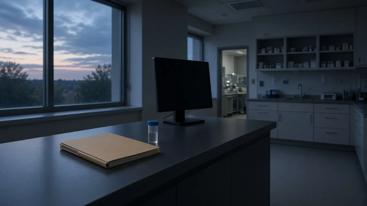 Closed folder and specimen vial on a lab counter at dusk