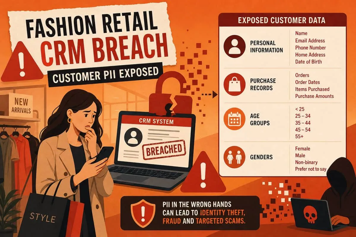 Illustration: fashion retail customer PII and purchase records exposed from CRM breach