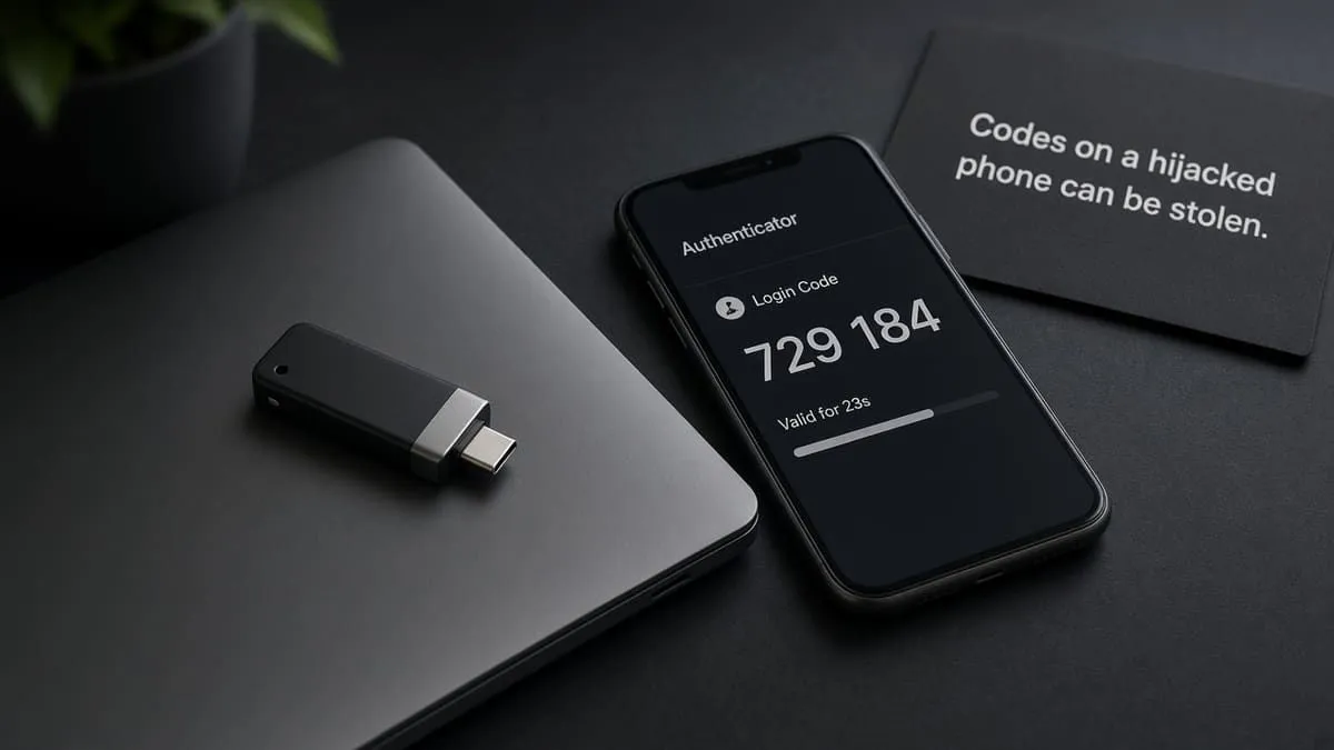 Hardware security key beside an authenticator phone and a note that codes on a hijacked phone can be stolen