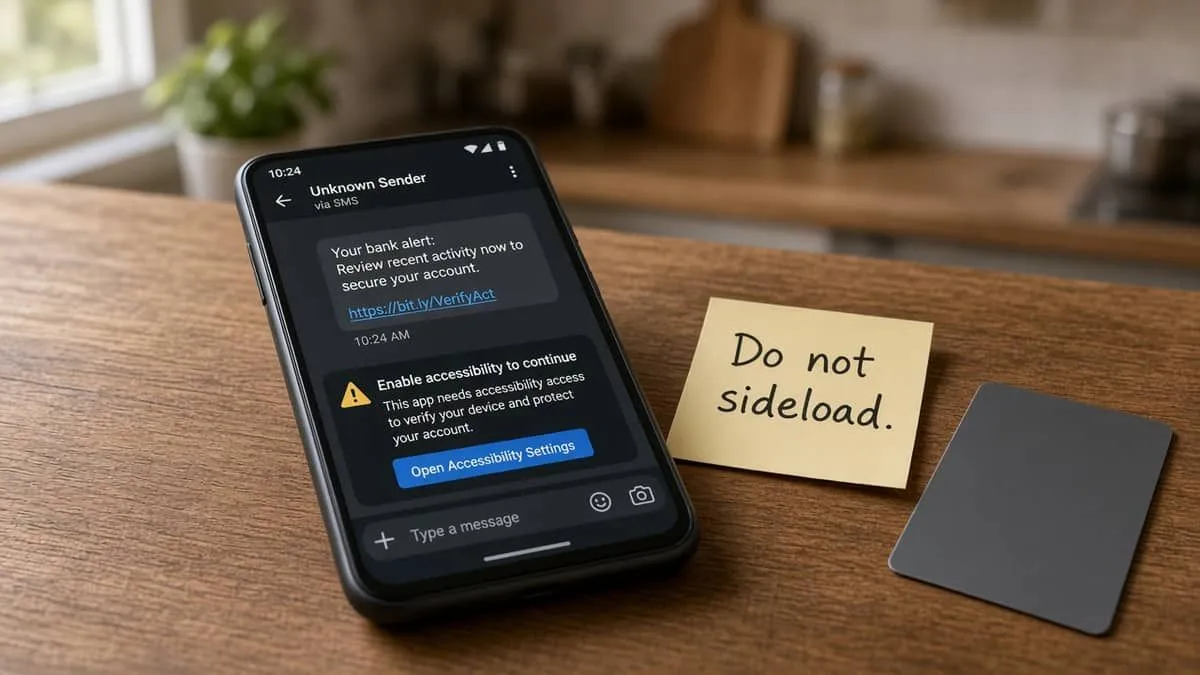 Android phone showing an unexpected text and an accessibility prompt, with a note not to sideload apps
