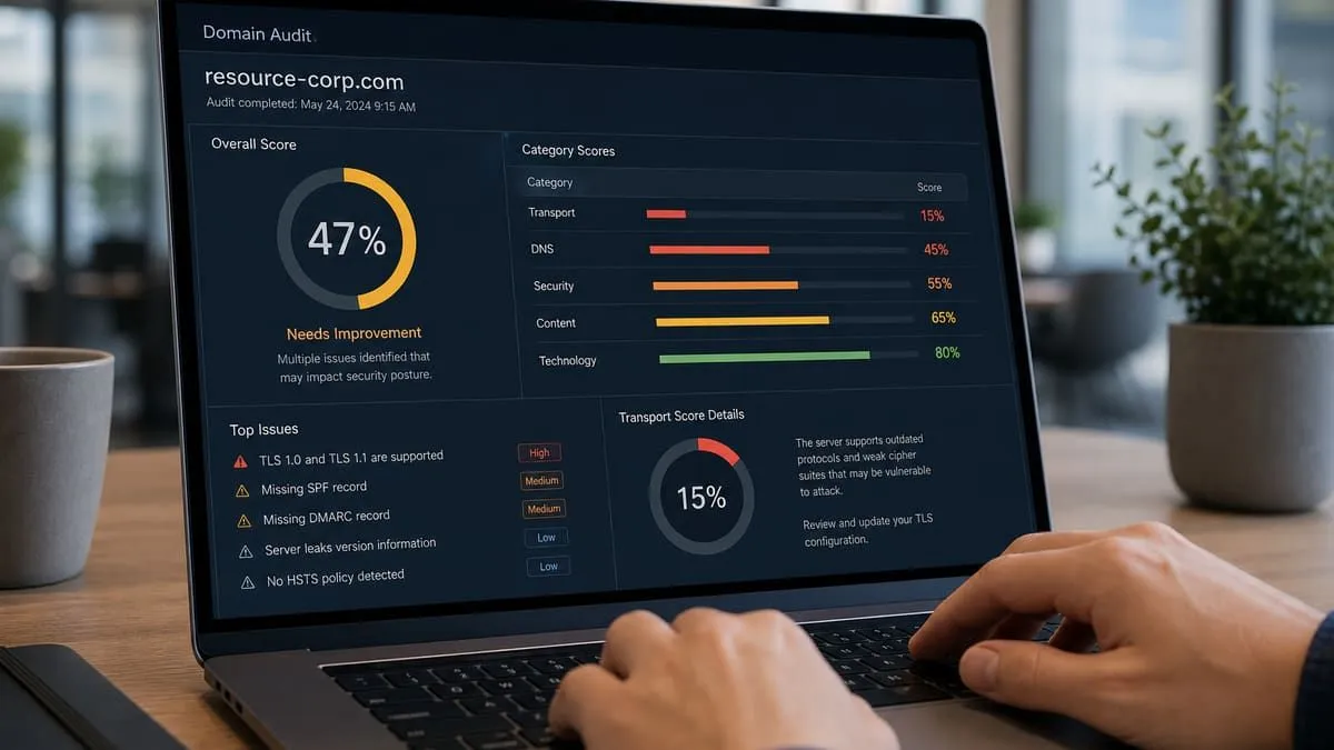 resource-corp.com audit scoreboard at 47% overall