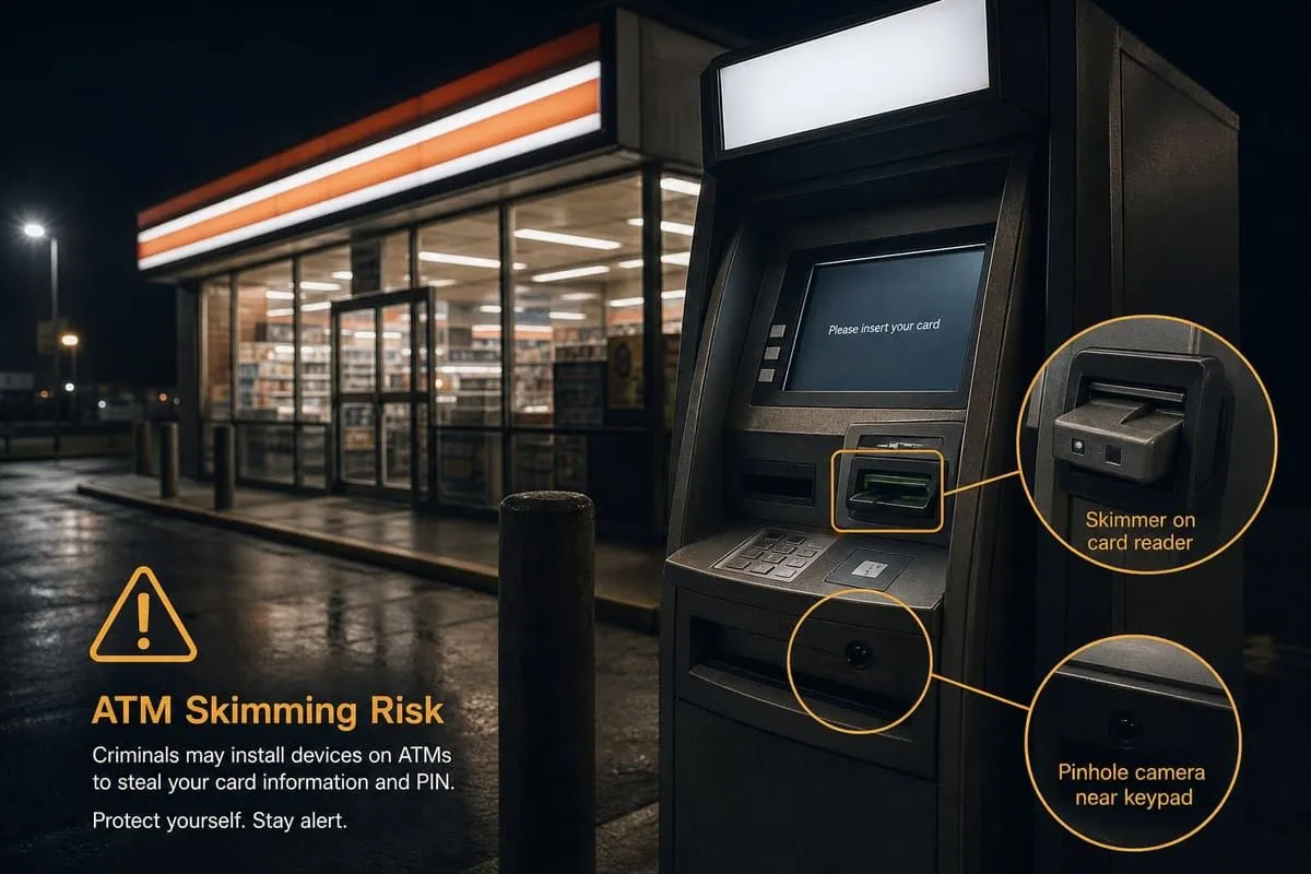 Illustration of convenience-store ATM with skimmer risk cues