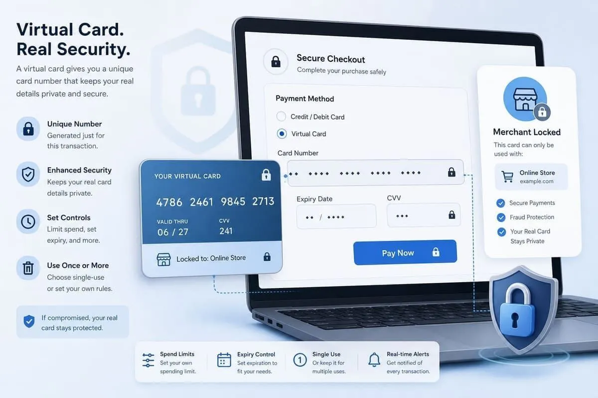 Illustration of virtual credit card numbers protecting online checkout