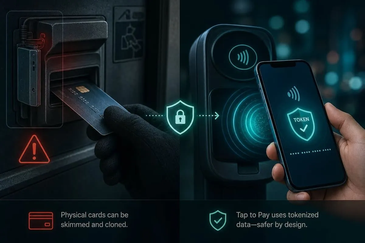 Illustration contrasting risky physical card dips with safer tap-to-pay tokenization