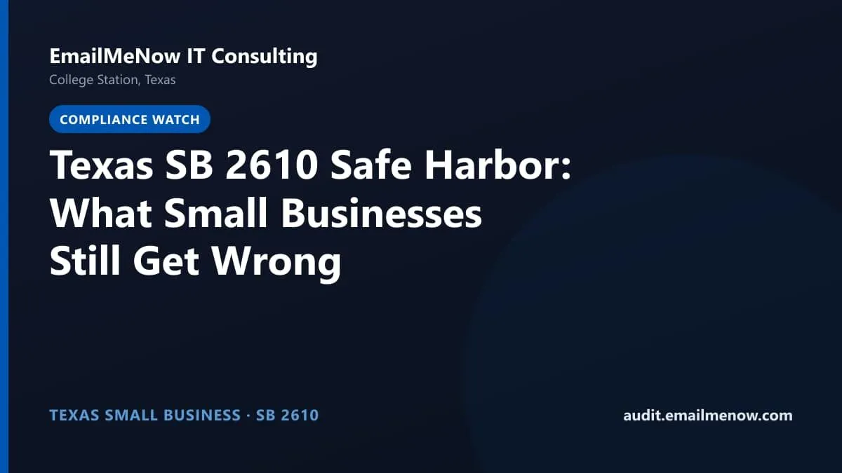 Illustration of Texas SB 2610 cybersecurity safe harbor for small businesses