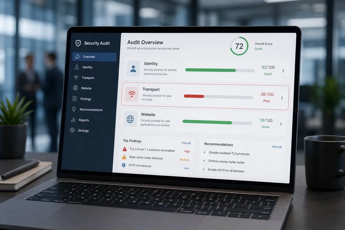 Illustration: domain security audit dashboard comparing transport and identity scores for insurance and legal entities after a BEC loss