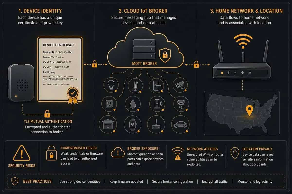 Diagram-style illustration of a device certificate reaching a cloud broker and pivoting toward home Wi-Fi and maps