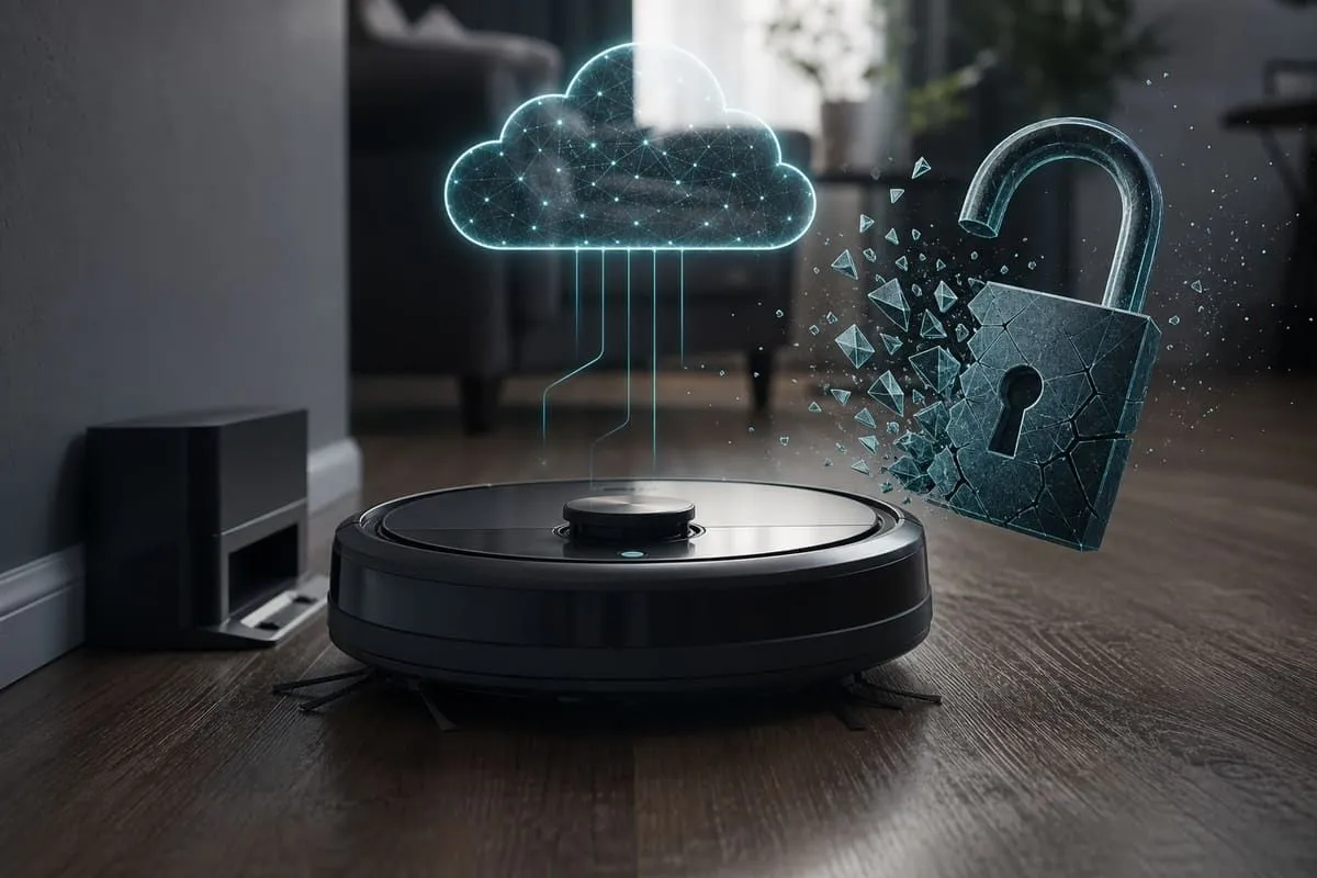 Illustration of a connected robot vacuum linked to a cloud broker with a broken lock warning