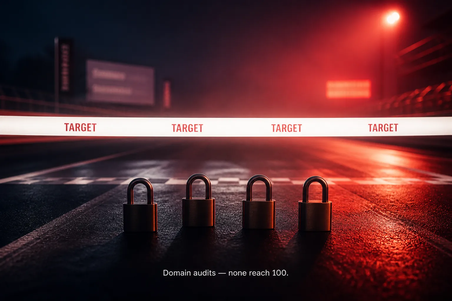 Padlocks stop short of a 100 percent finish line, illustrating domain audits that miss the ideal score