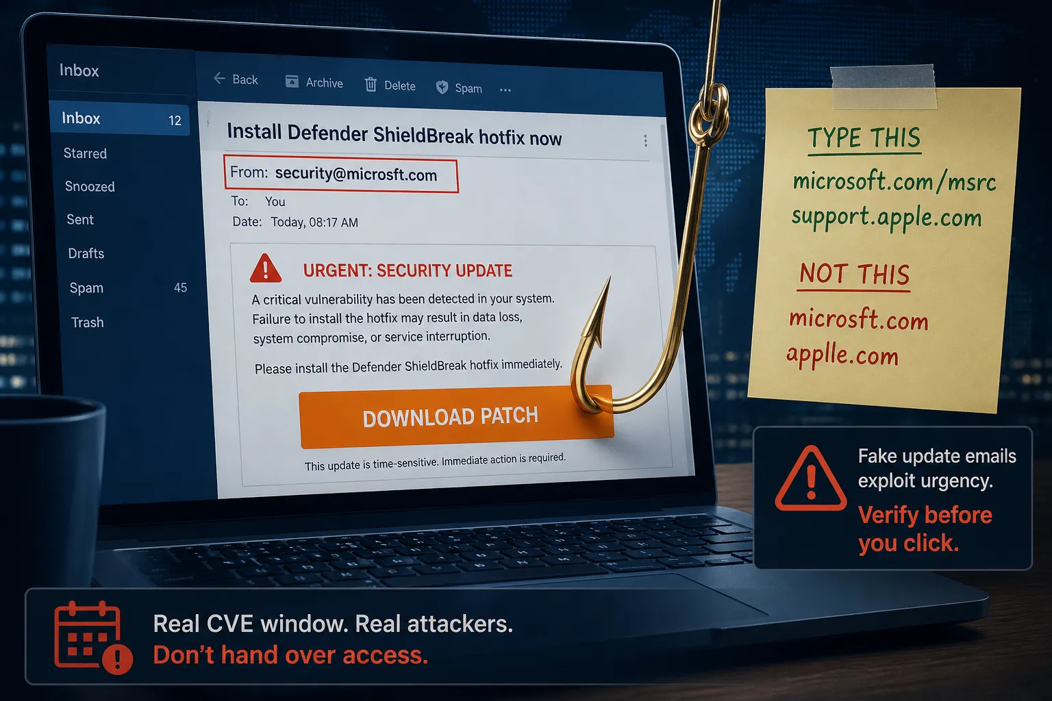 Inbox lure using a Defender hotfix lookalike next to type-this Microsoft and Apple URLs