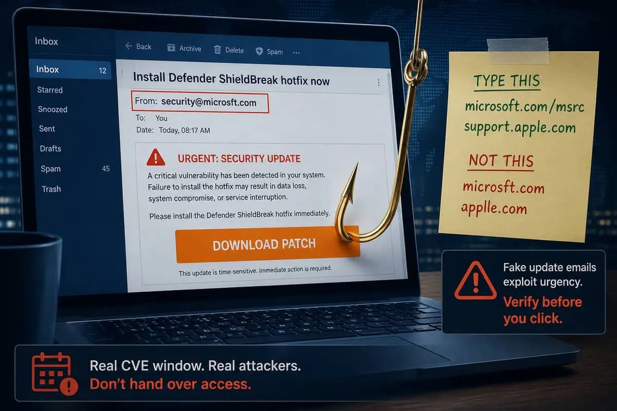 Inbox lure using a Defender hotfix lookalike next to type-this Microsoft and Apple URLs