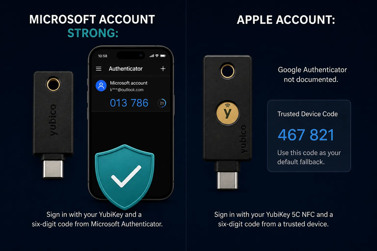 YubiKey and authenticator contrasted with Apple Account six-digit codes; Google Authenticator is not documented on Apple