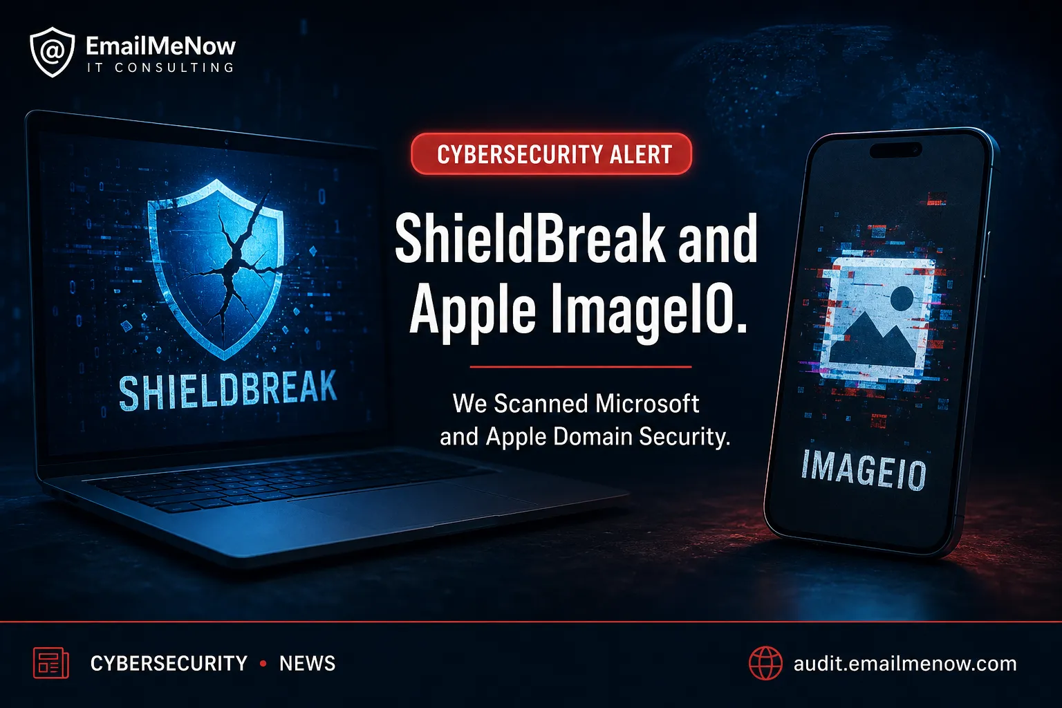 Split cybersecurity cover of a cracked Windows shield labeled ShieldBreak and a phone photo icon labeled ImageIO