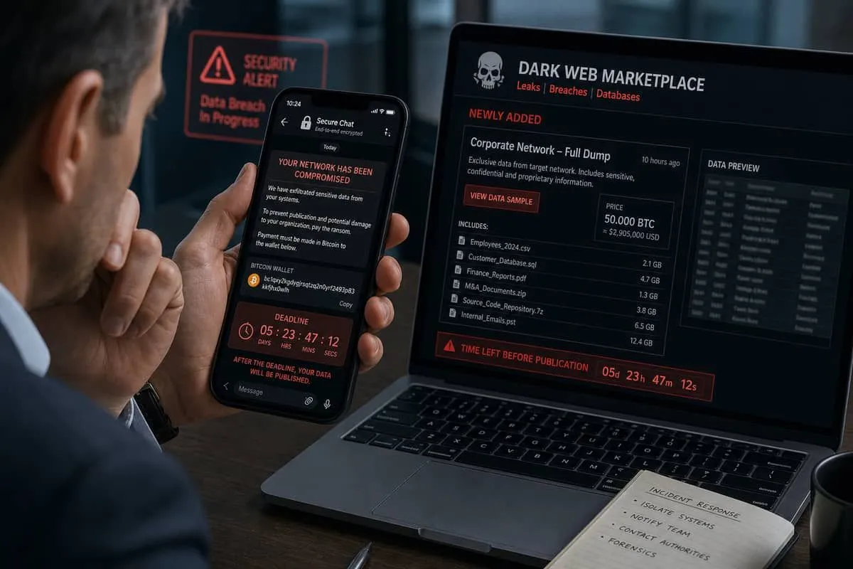 Illustration: executive receiving encrypted extortion demand with ransom deadline and threat of public data leak
